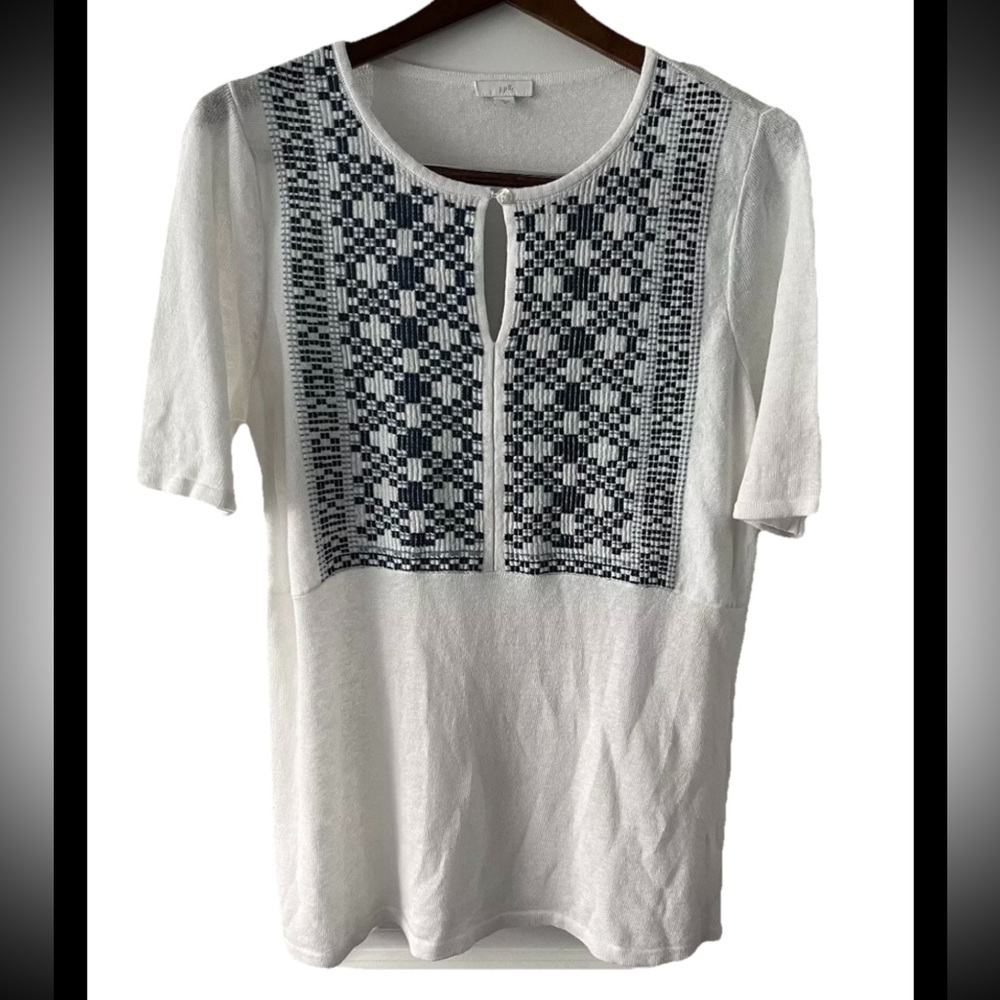 J. Jill Knit Short Sleeve Linen Blend Sweater Top MED Lightweight White & Blue